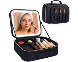 Make Up Tasje Met Spiegel en Lampje - Make Up Organizer Tas - Beautycase Koffer - Reizen - Travel - Vakantie - Zwart - Peach Beauty