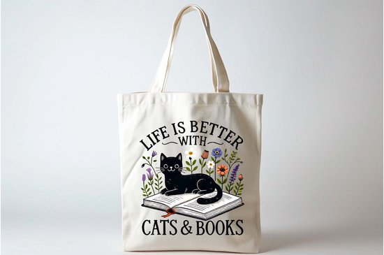 Tote Bag Life is Better with Cats & Books - CatLife - Meow - Funny - CatLovers - KittyLove - Kattenleven - Miauw - Kattenliefde - SchattigeKat