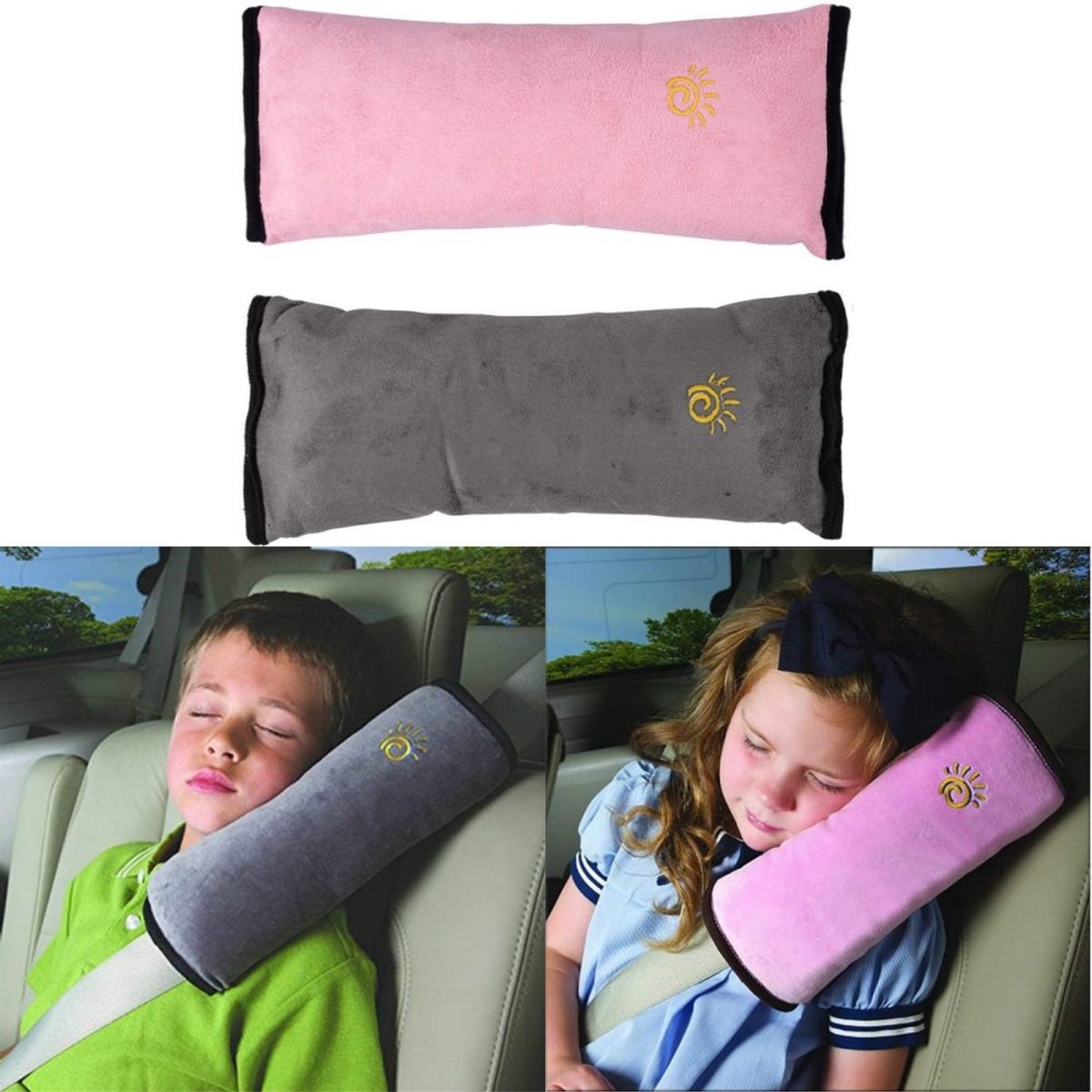 Image of 2 stuks - Kinderzitjegordelkussen - Kinderzitjegordelkussen voor op reis - Schouderpad voor autogordel - Verstelbare schouderpad voor voertuigen - Gordelbeschermer - Voor hoofdsteun - Grijs en roze - Geschikt voor auto, reizen en vliegtuig