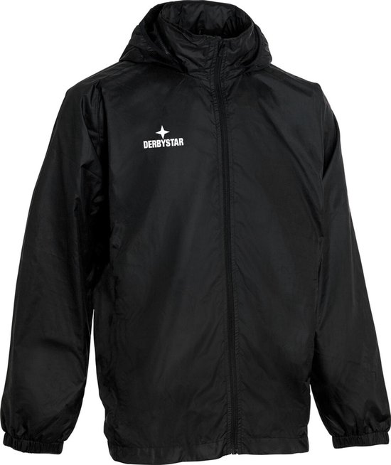Zwarte Derbystar kinder regenjas met capuchon en het Derbystar logo op de borst.