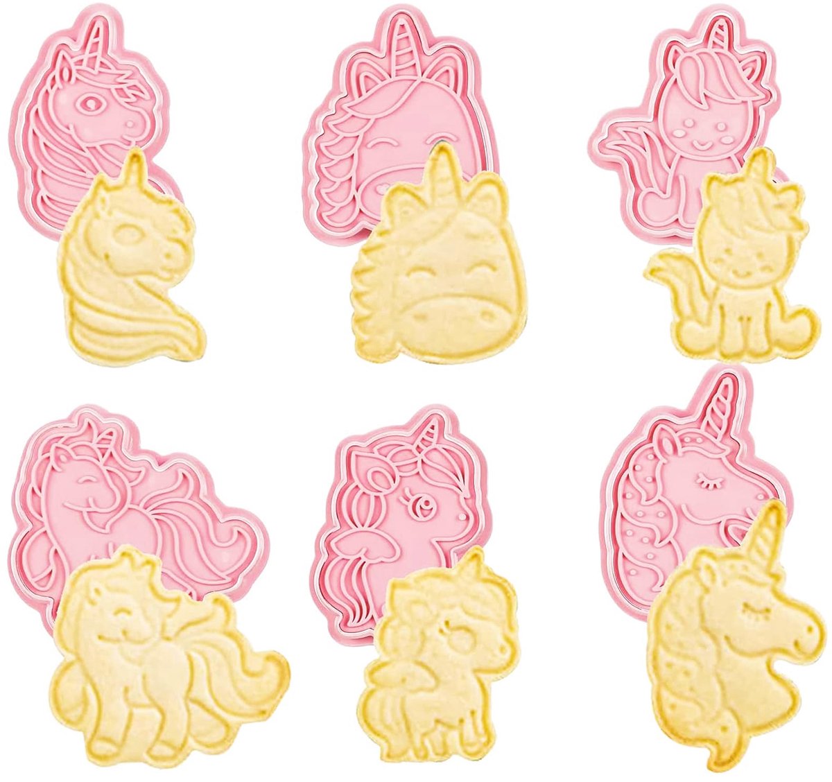 Aatpuss 6 stuks kinderkoekjesvormpjes, eenhoorn koekjesvormpjes van kunststof, voor gebak, suikerwerk, doe-het-zelf, taartdecoratie chocoladevorm koekje (roze)