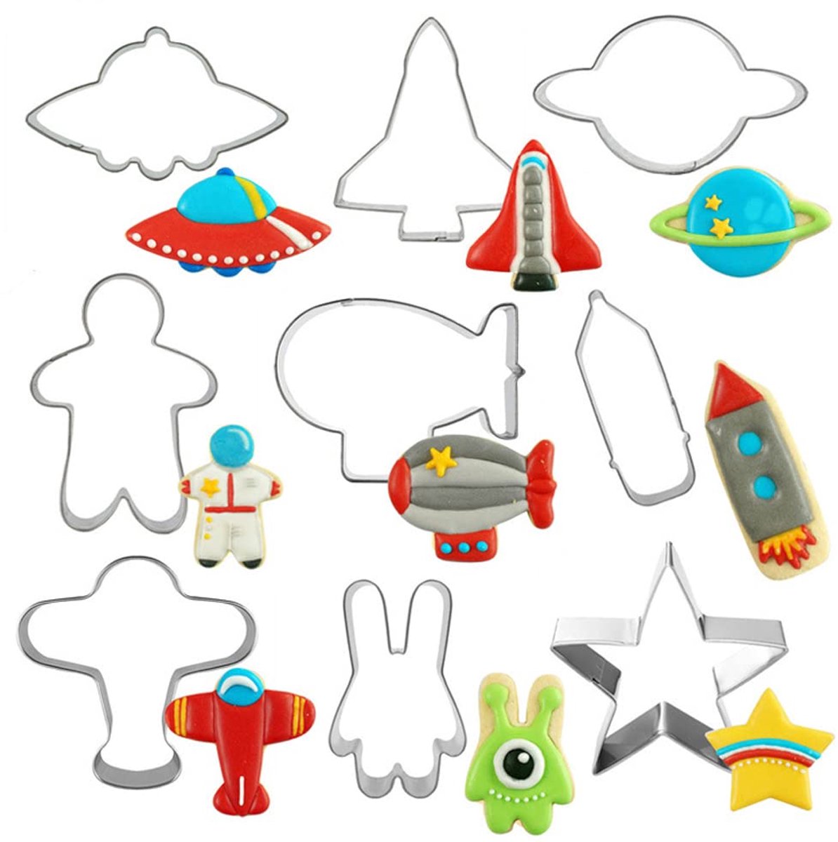 Belons 9-delige set koekjesvormpjes in de vorm van een universum, ruimteschipkoekjesvormpjes voor koekjes, fondant, gebak, glazuur en taartdecoratie, gemaakt van roestvrij staal
