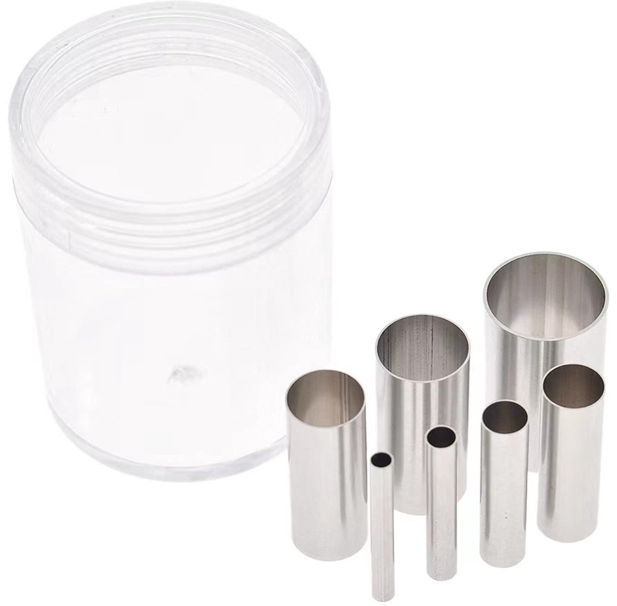 BOBOZHONG Ronde koekjesvormpjes, 7-delige gatenvormpjes, mini koekjesvormpjes, roestvrijstalen ringen, koekjesvormpjesset met opbergdoos voor klei, keramiek, fondant, taartdecoratie, bakken en knutselen