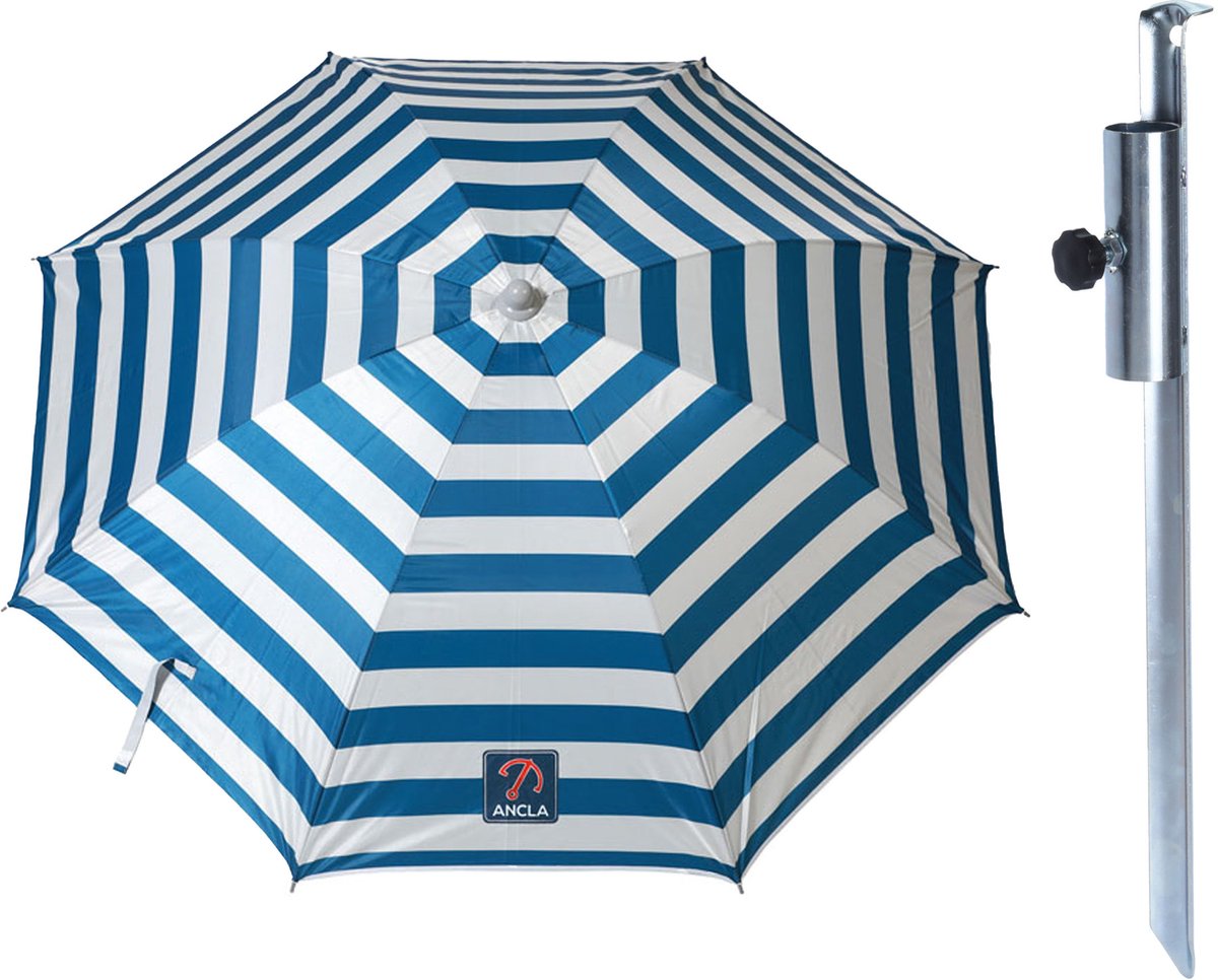 Benson Parasol met metalen grondharing - blauw met wit gesteept - polyester - Dia 165 cm - verstelbaar - Tuin - Strand - Camping