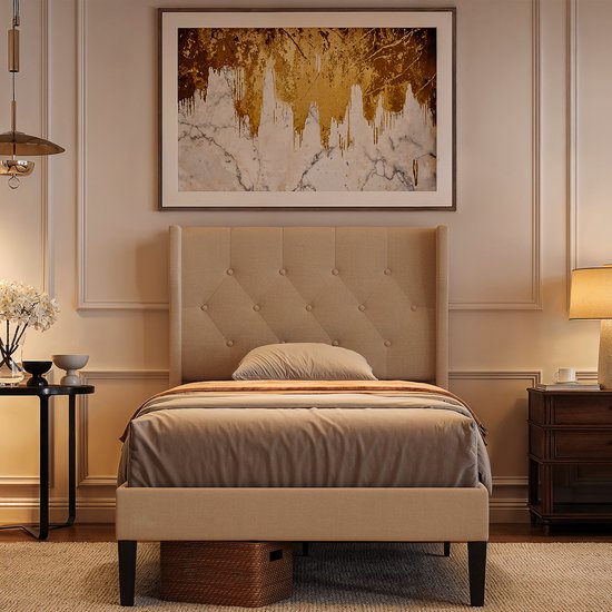 Lit capitonné Xbro 90 x 200 cm avec tête de lit et sommier à lattes, lit simple avec rangement de 20 cm, montage facile