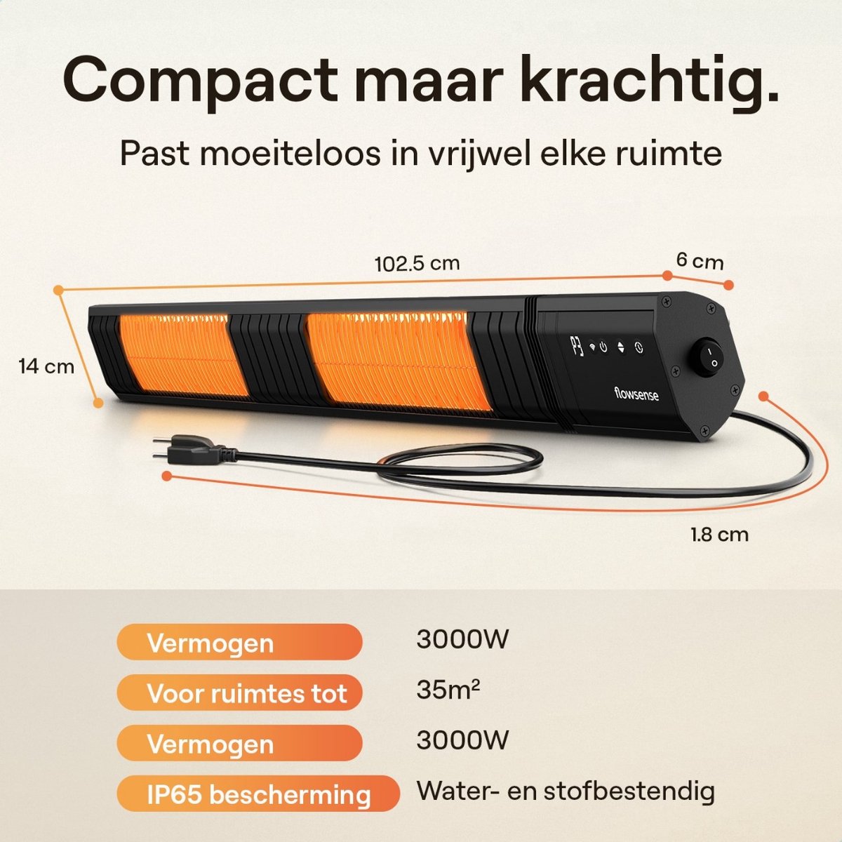 Flowsense Heater - Terrasverwarmers 3000W - Elektrisch Hangend - Infrafrood Verwarming - Voor 35m2 ruimtes - Binnen & Buiten - Incl. Afstandsbediening – foto 2