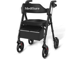 Medisure Rollator - Rollators - Rollator Lichtgewicht en Opvouwbaar - Draagkracht 150 KG - In Hoogte Verstelbaar - Met Tas - Zwart