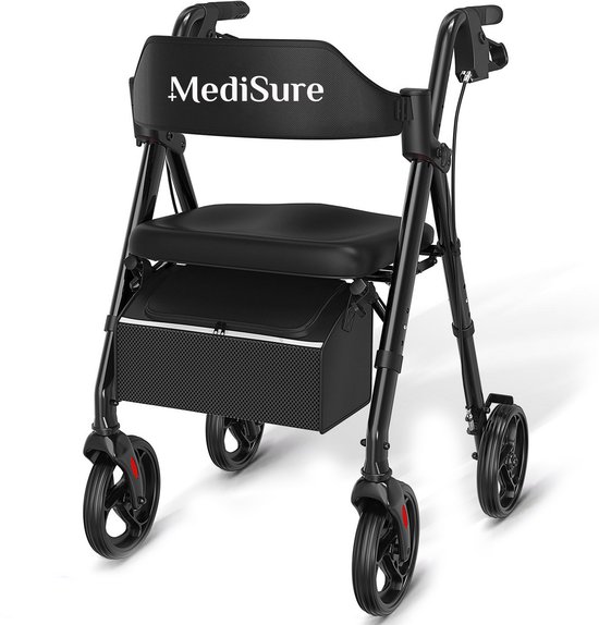 Medisure Rollator - Rollators - Rollator Lichtgewicht en Opvouwbaar - Draagkracht 150 KG - In Hoogte Verstelbaar - Met Tas - Zwart