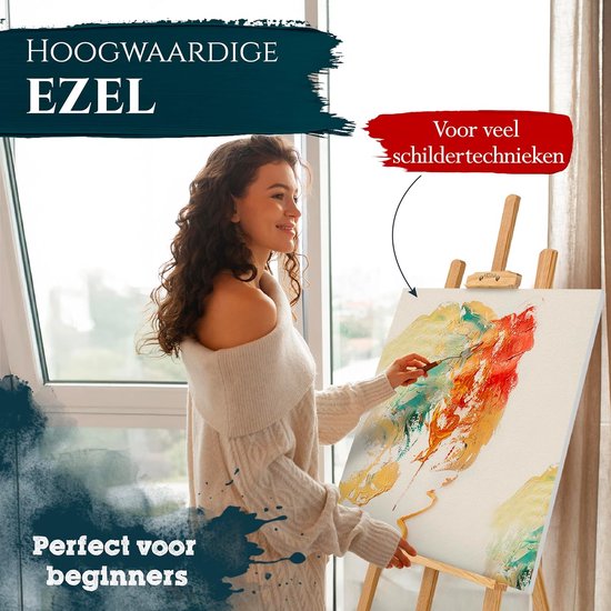Vrouw met gebreide trui schildert op een schildersezel. Tekst "HOOGWAARDIGE EZEL" en "Perfect voor beginners".