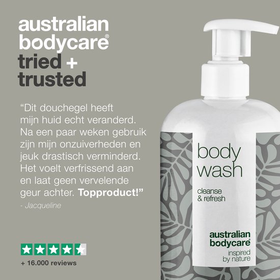 White body wash fles met groen bladpatroon. Tekst "australian bodycare tried + trusted" en een klantrecensie.