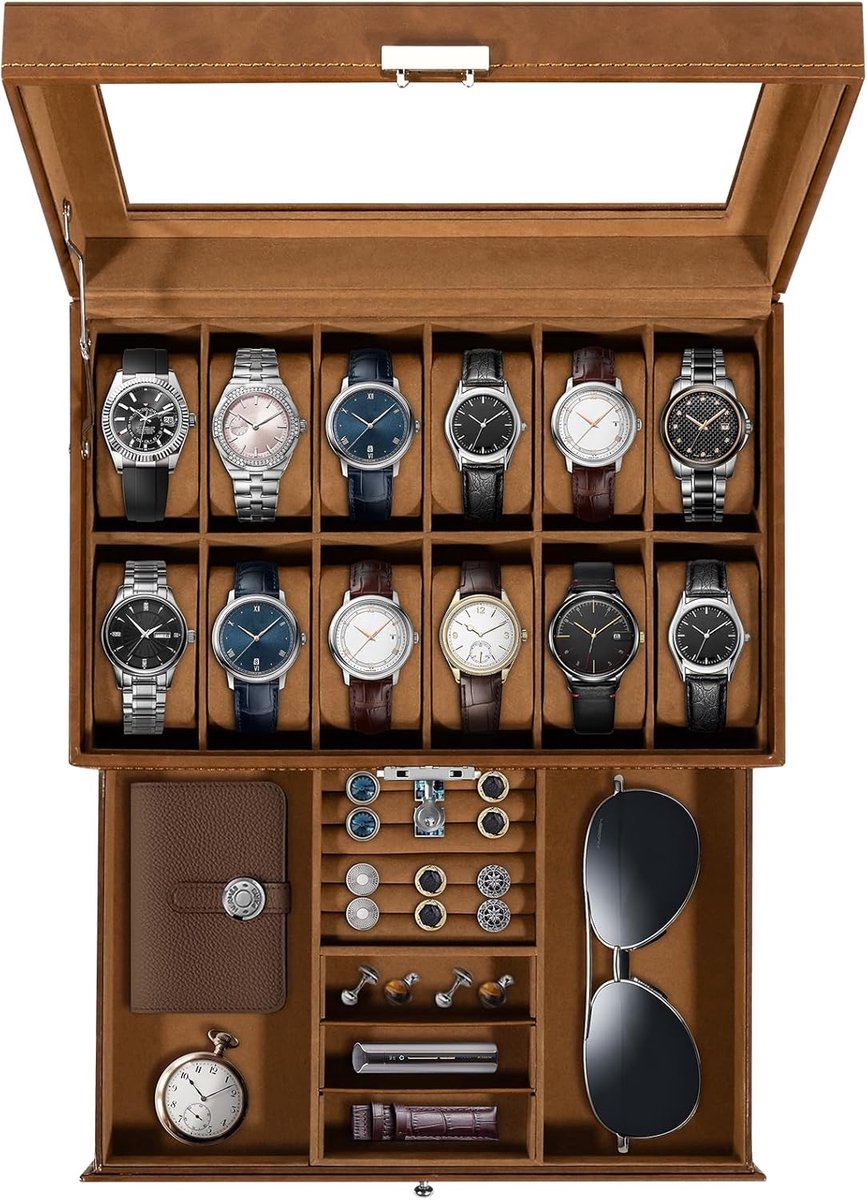 Uten Luxe Sieraden Brillen Doos - Zonnebrillen Opbergdoos - Horlogebox - Sieradendoos - 2 Brillen - 12 Horloges - Brillen-Ketting-Ring-Oorbellen- Horloge - Mannen Heren - Bruin