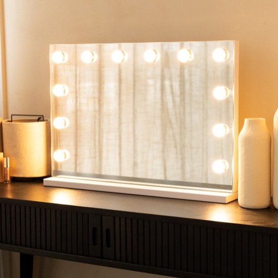 SensaHome Vanity Mirror Pro - Miroir de maquillage Hollywood avec Siècle des Lumières - Miroir avec Lampes - Intensité variable et réglable avec 3 modes d'éclairage et 12 Lampes - 60x40 cm - Wit