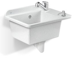 GOSPO Gootsteen van polypropyleen, 50,5 x 34 x 26,5 cm, spoelbak met armatuur, sifon, zeepdispenser, wastafel, huishoudelijke spoelbak (wit)