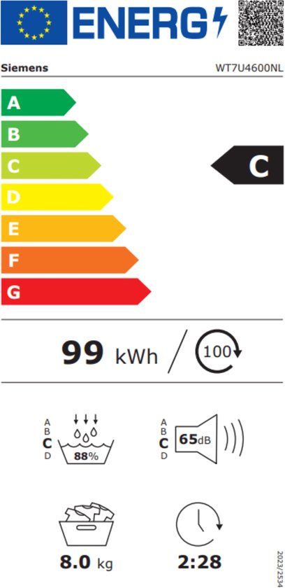 Siemens WT7U4600NL - iQ500 - Wasdroger - Warmtepompdroger - Energielabel A+++