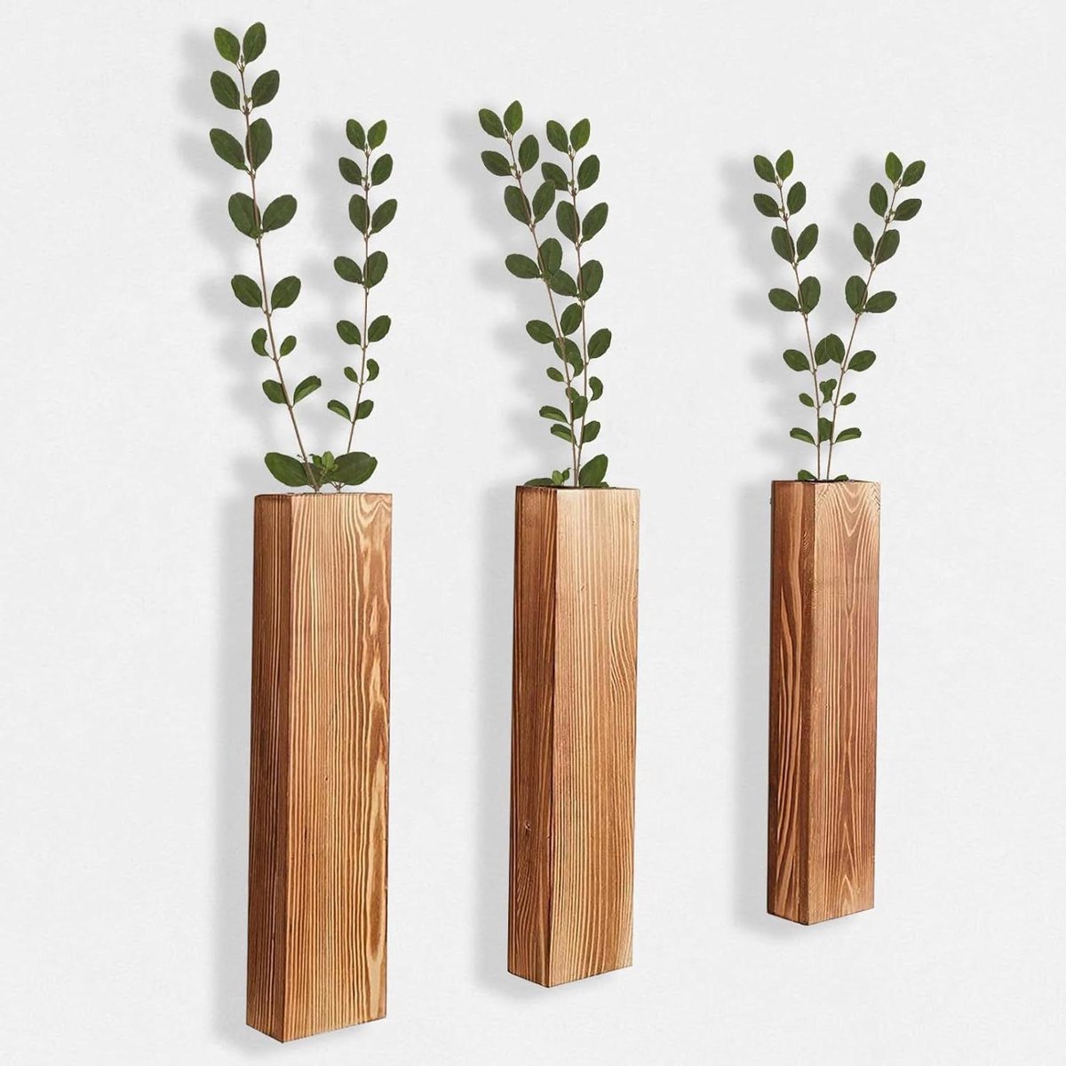 Allecto Premium - Houten wandplantenbakken met kunstmatige eucalyptus voor woondecoratie in de woonkamer en slaapkamer - Set van 3 stuks