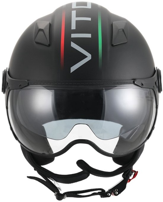 Casque Vito noir avec visière solaire et bandes de drapeau italien sur le dessus.