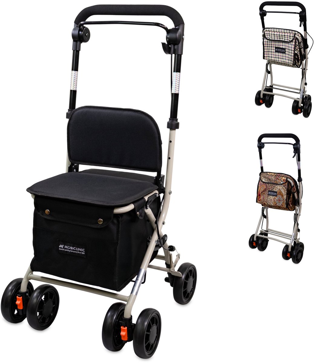 Mobiclinic Coliseo - Boodschappentrolley Rollator - Rollator met grote boodschappentas en zitje - Inklapbare rollator - 4 wielen - Boodschappentrolley met 4 wielen - Gepolsterde zitting - met Remsysteem - Inklapbaar - Met rem - Zwart