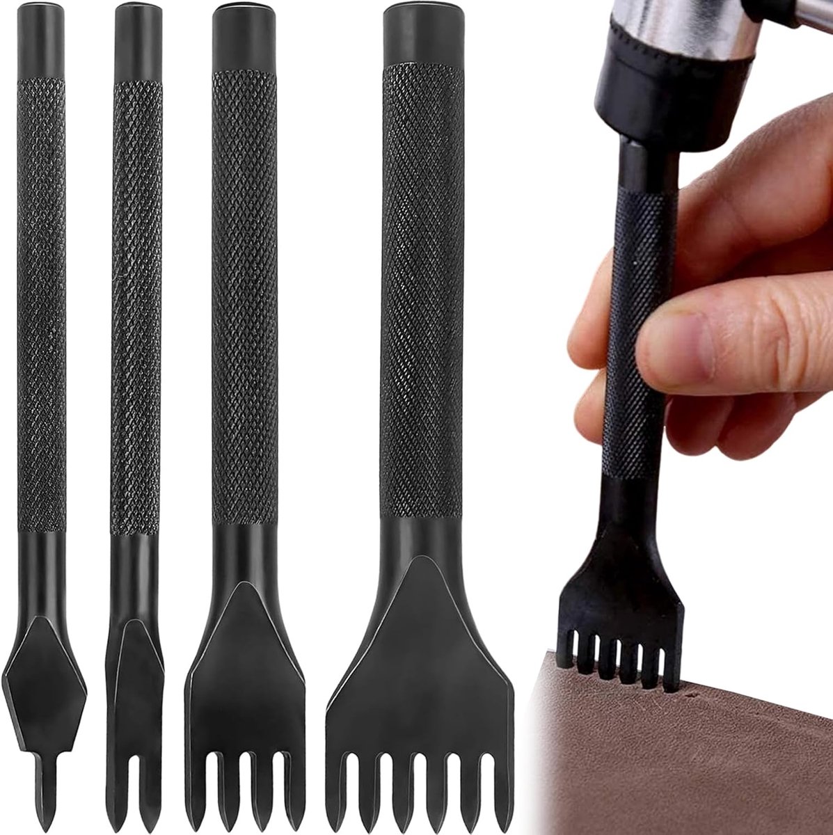 4 stuks - Zwarte DIY leerbewerkingsgereedschap set – Prikpennen met 1, 2, 4 en 6 tanden (5 mm) – Stevig en precies voor het maken van leerwaren zoals tassen en portemonnees – Ideaal voor handmatig perforeren en stikken