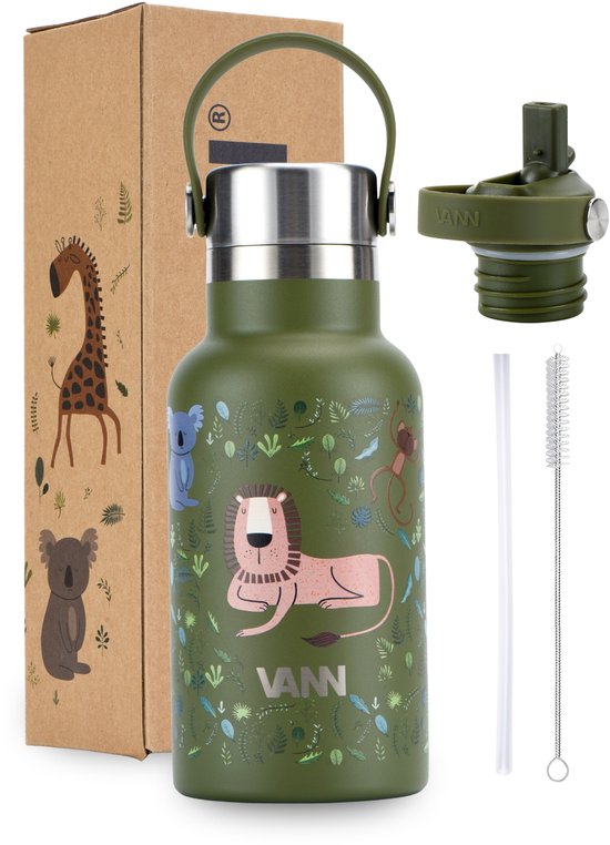 VANN 100% RVS kinderdrinkfles 2.0 - Met rietje en RVS dop - Schoolbeker en drinkfles voor kinderen in 1 - Jungle
