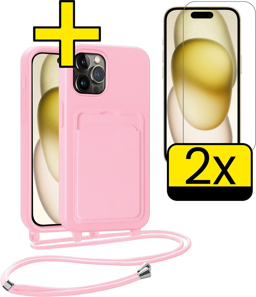 Hoesje Geschikt voor iPhone 14 Pro Max Telefoonhoesje Met Koord Case Pashouder Met 2x Screenprotector Siliconen - Hoes Geschikt voor iPhone 14 Pro Max Hoesje Met Kaarthouder - Lichtroze