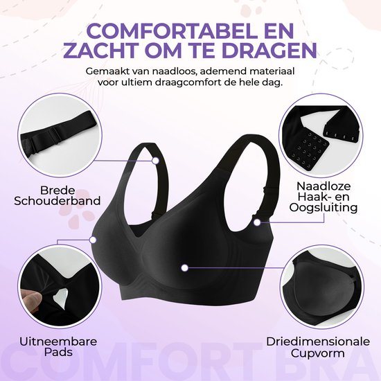 Zwarte naadloze BH met brede schouderbanden, uitneembare pads, driedimensionale cupvorm en haaksluiting.