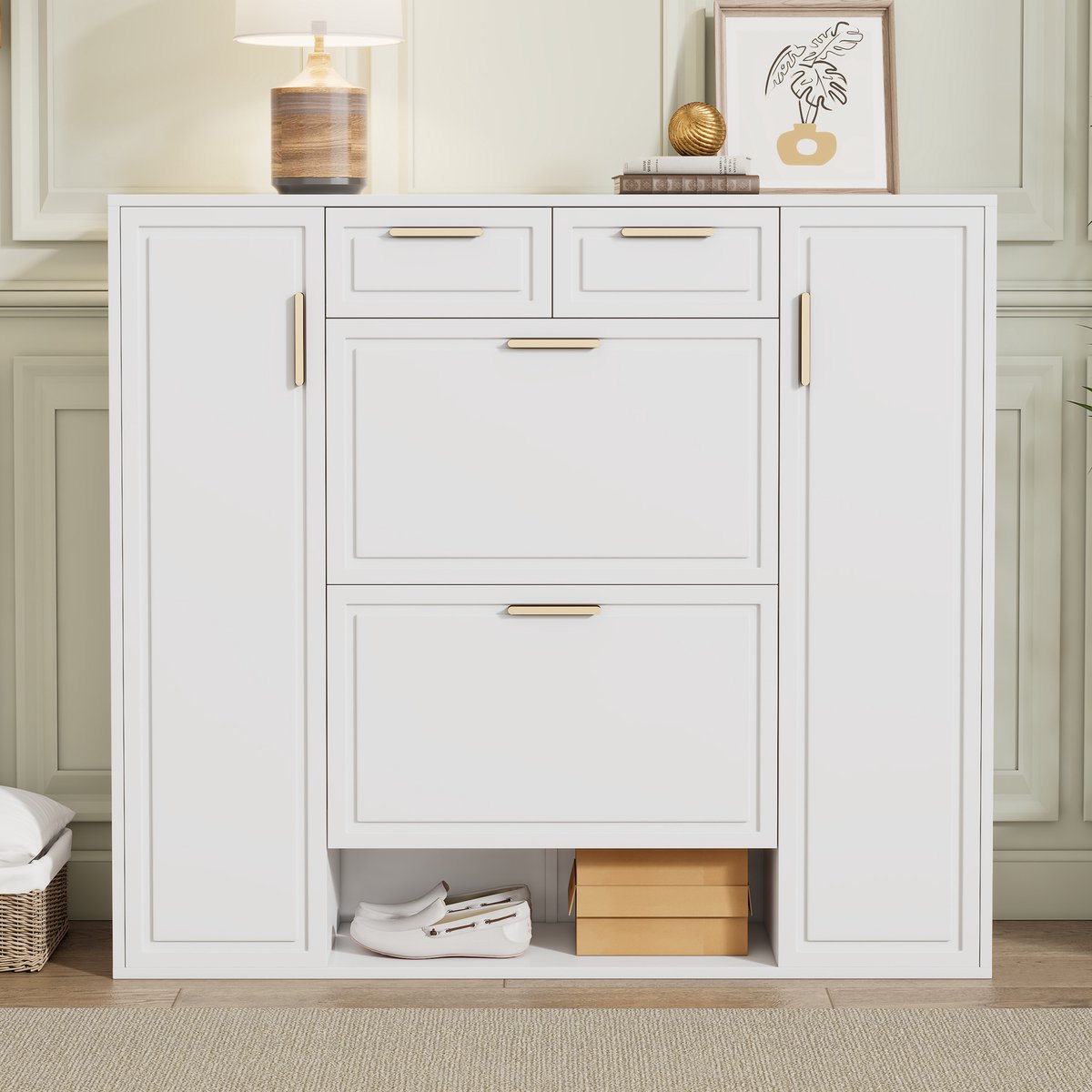 Gutent Schoenenkast-Met Verstelbare Planken-Gouden Handgrepen-2 Laden-Vouwschoenenkast-2 Deuren-Wit-W120/D24/H107 CM