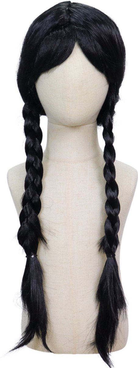 Joya Kids® Zwarte Verkleed Pruik Donker Haar met 2 Vlechten | Pruik Kinderen Lang Zwart Haar met Vlechten | Meisjes verkleedpruik Halloween | Prinses Pruik — afbeelding 2