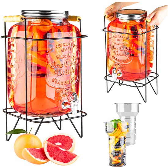 Cheqo Dubbele Glazen Drankdispenser Met Kraantje – 2x 4L Limonadetap Met Standaard Voor Feestjes