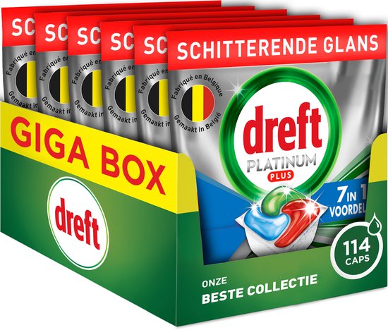 Dreft Platinum Plus All In One Vaatwastabletten Deep Clean-technologie - 6 x 19 stuks