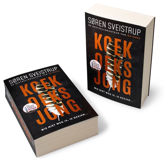 Twee exemplaren van het boek Koekoeksjong, met een donkere omslag met een veer in het midden en oranje letters.