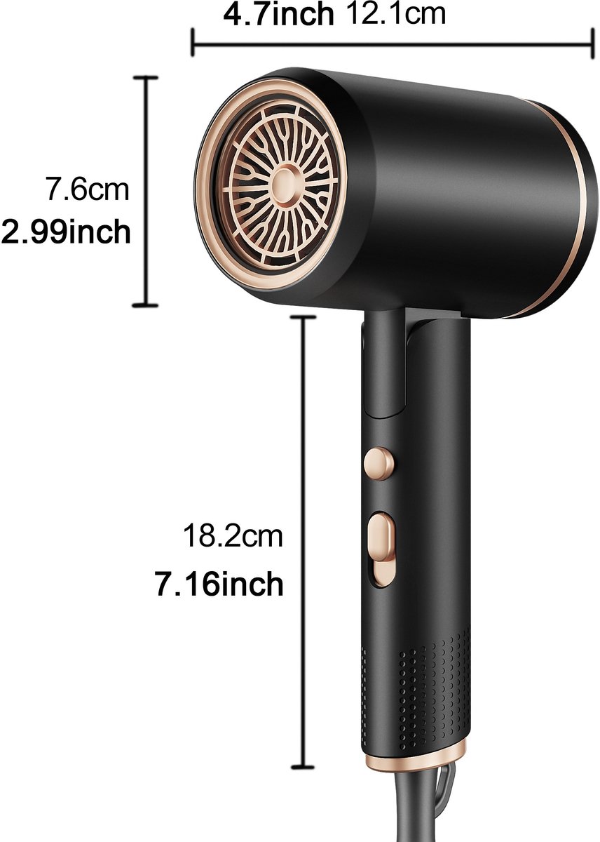 ibettertec - Fohn - Haardroger Ionen - Vouwbare - 2400 W - met 3 stylingmondstukken en 6 temperatuurinstellingen - opvouwbare haardroger - Zwart thumbnail 6