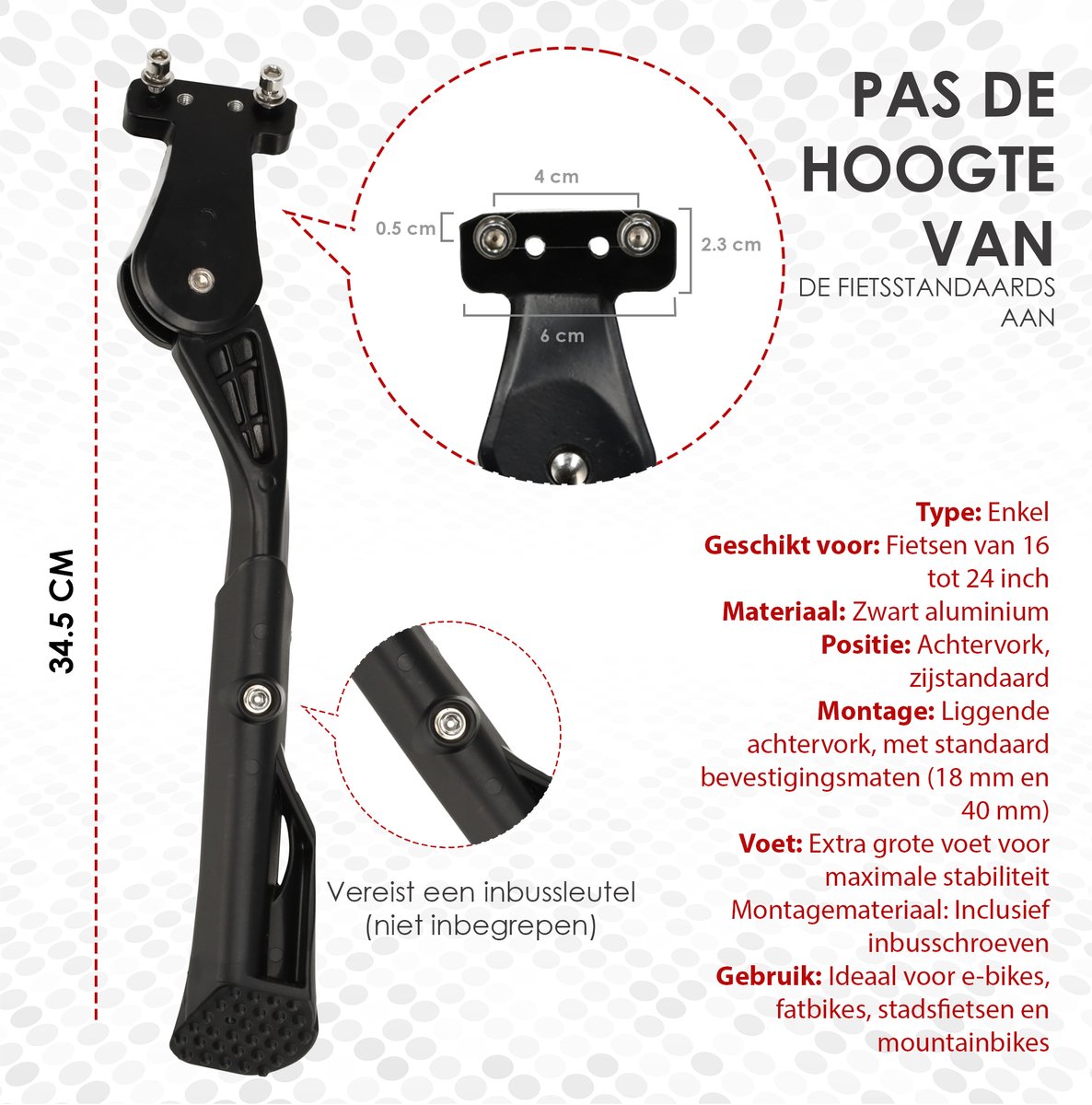 Fietsstandaard voor E-Bike en Fatbike - Verstelbare achtervork standaard (16-24 Inch) | Stabiele zijstandaard met extra grote voet | Geschikt voor Elektrische Fietsen, Fatbikes en Mountainbikes | 18-40 mm – foto 5