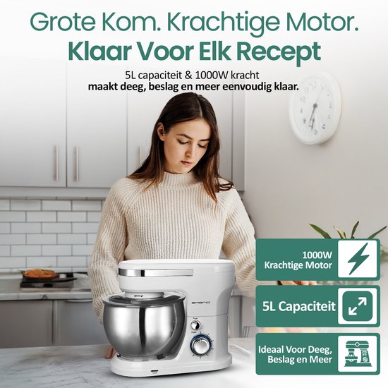 EMERIO KM-123117 - Keukenmachine, kneedmachine, roermachine met 5 liter roestvrijstalen kom + 3 roergereedschappen + spatbescherming met vulopening, 1000 Watt power, 6 snelheden + Pulse Retro, BPA vrij, Wit van Emerio — afbeelding 4