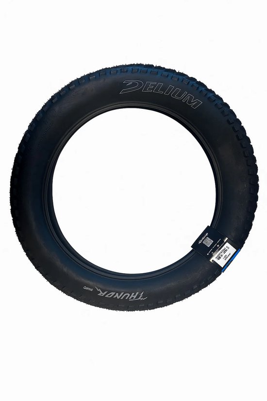 Zwarte fietsband met "DELIUM THUNOR" logo en technische specificaties op een label.