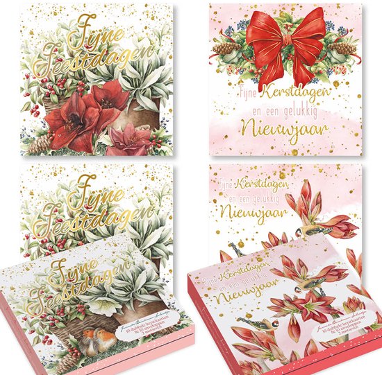 Set van kerstkaarten met rode amaryllis, vogels, rode strik en wintergroen. Inclusief twee presentatiedozen.