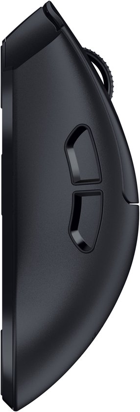 Zijaanzicht van de zwarte Razer DeathAdder V4 Pro gaming muis met knoppen.