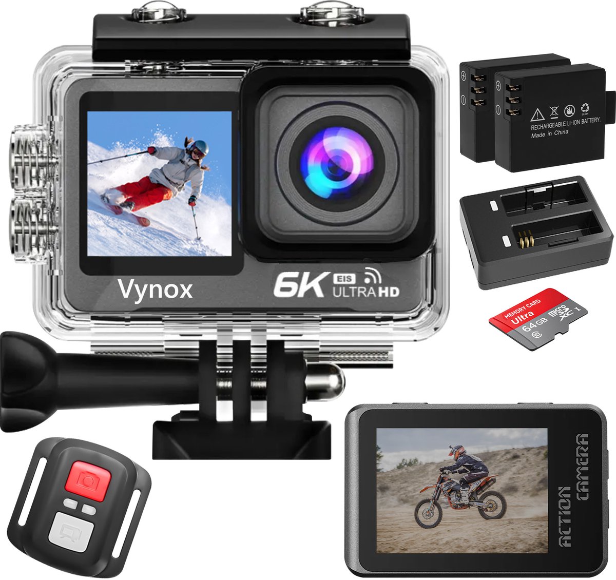 Vynox Action Camera 6K - 50MP / 60FPS / WiFi / 30M Waterdicht - Actiecamera - Touchscreen - Onderwatercamera - Inclusief Accessoires en Micro SD