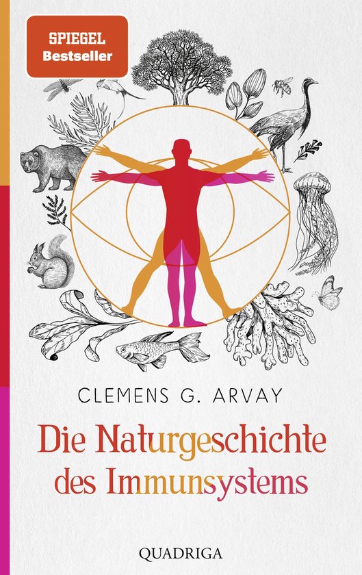 Boekomslag: 'Die Naturgeschichte des Immunsystems' met menselijke silhouetten in cirkels en zwart-witte natuurtekeningen.