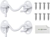 Witte Windhaak 9.5 cm - Set van 2 - Inclusief 8 Montageschroeven - Roestvrijstalen Haak en Oog Sluiting met Poedercoating - Voor Deuren, Schuren, Hekken, Ramen en Kasten (95mm)