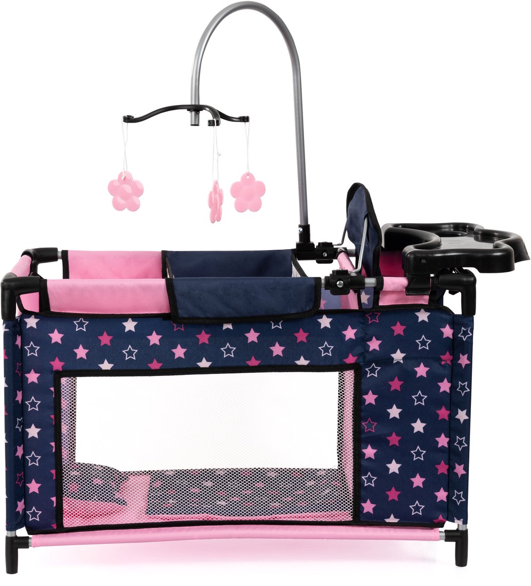 Bayer Design - Poppenbed met geïntegreerde kinderstoel, kastcompartiment, mobiel, kussen, dekbed, poppenaccessoires in blauw met sterren — afbeelding 4