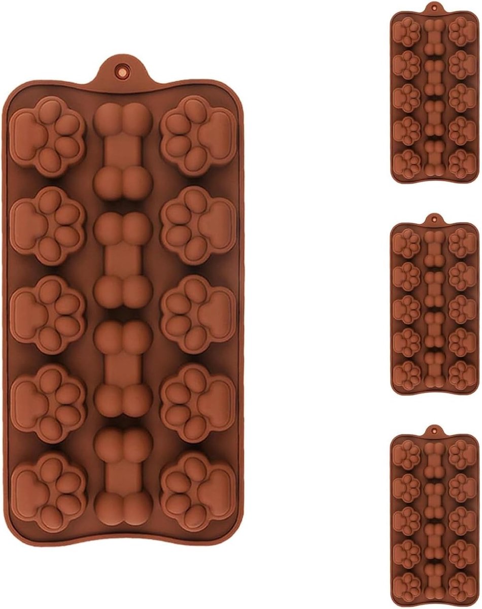 Set van 4 Dog Bone bakvorm Dog Paw chocoladevorm voor het bakken van chocolade oven magnetron vriezer (bruin)