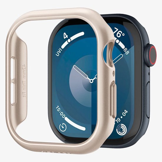 Beige Spigen bumpercase los van een donkergrijze Apple Watch met blauwe wijzerplaat.