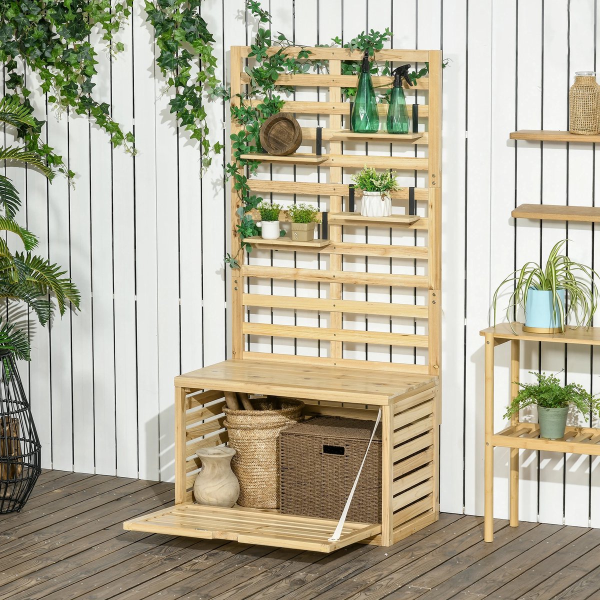 Pugsdrly Opbergbox met latwerk, 4 hangende planken, magneetdeur, massief hout, naturel, 80 x 45 x 160 cm