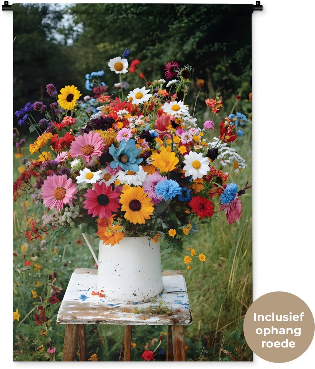 Wandkleed 90x135 cm - Wanddoek Bloemen - Krukje - Gieter - Veld - Wandtapijt - Wandkleden
