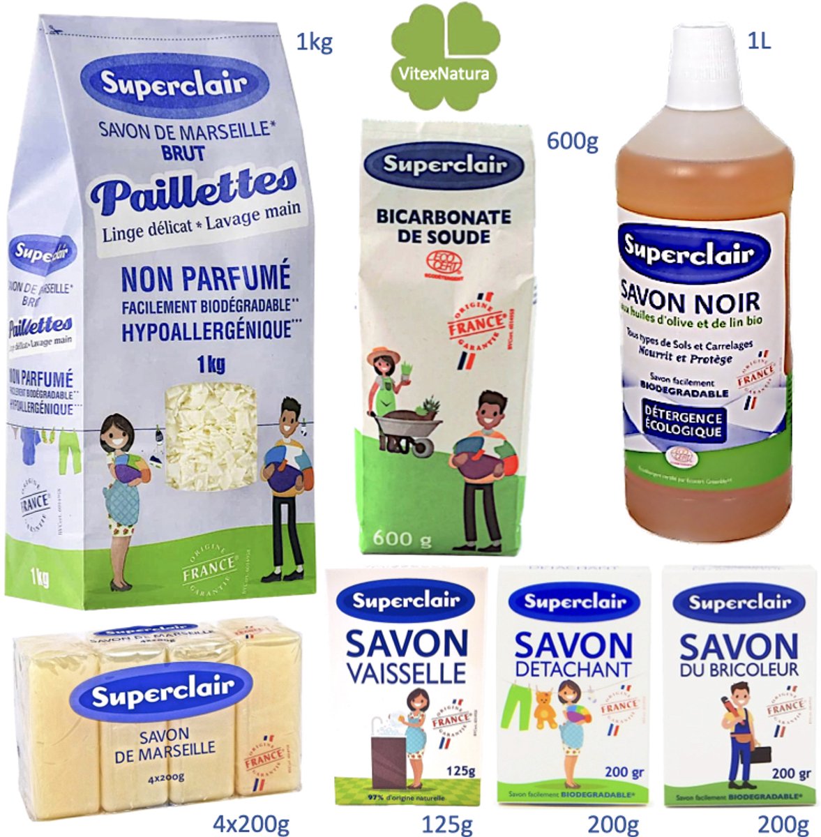 Bio Eco schoonmaakmiddelen pakket. Zeepvlokken, Zwarte zeep, Natrium bicarbonaat zepen en poeder, Glycerine zeep, Afwaszeep.