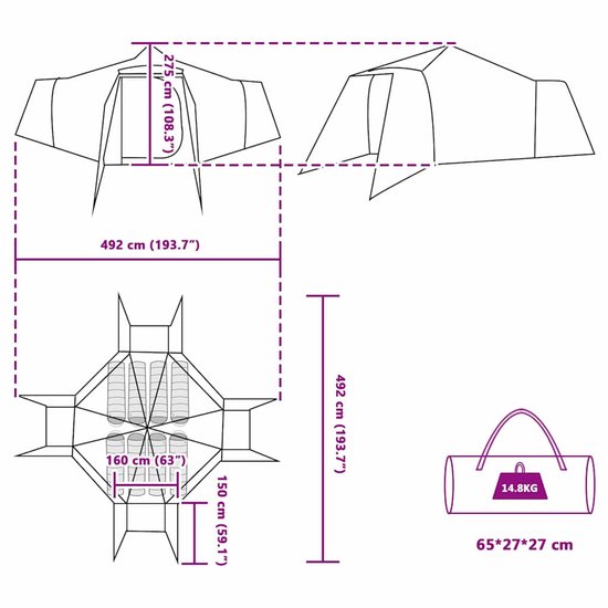 vidaXL - Tipi - Tent - met - dak - Grijs - en - Oranje - 492 - x - 492 - x - 275 - cm - Stof van Vidaxl — afbeelding 4