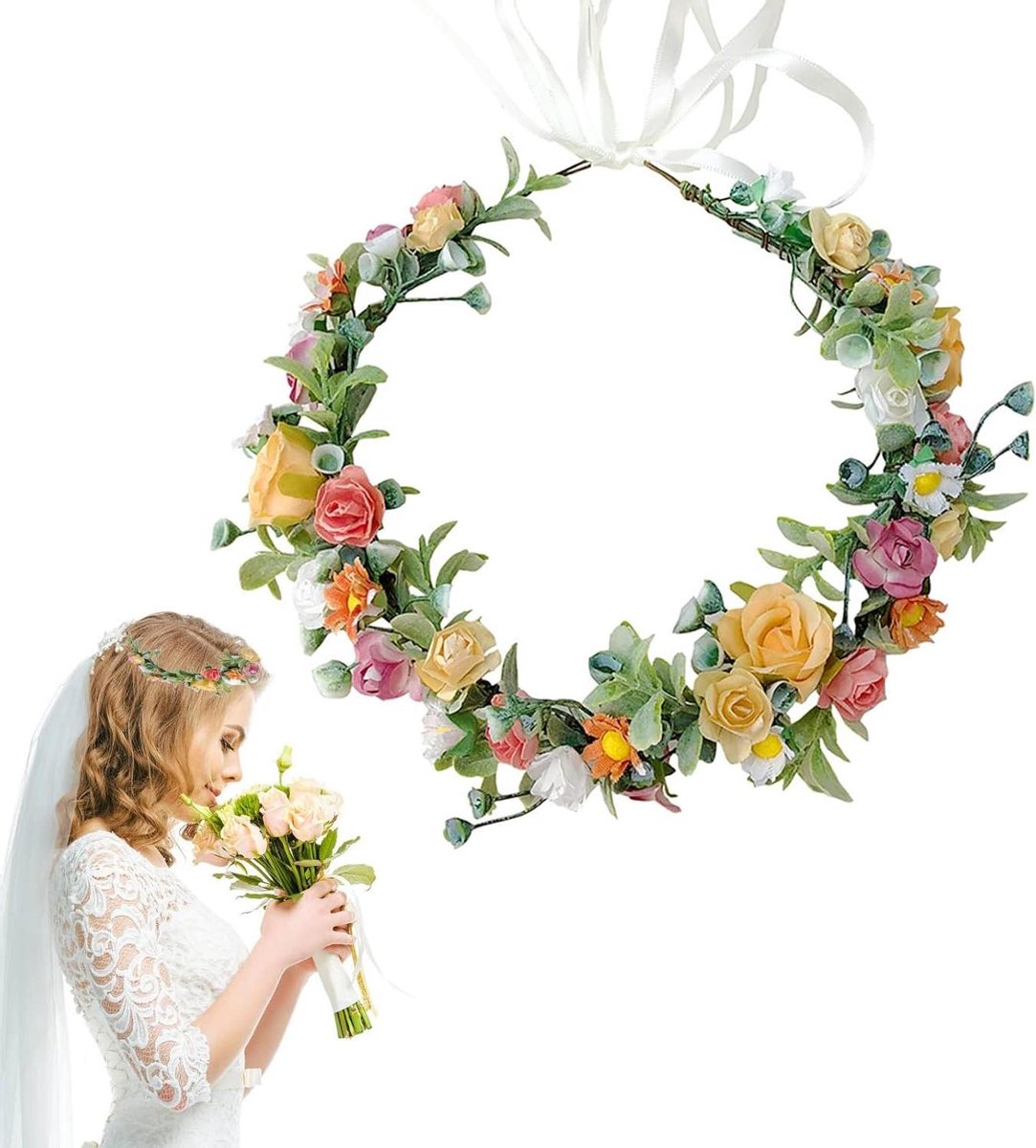 ByShane - Bloemenkroon met lint voor bruid - Groene bloemengarland voor haar - Bruids accessoires - Fotorekwisieten voor bruiloftspartij