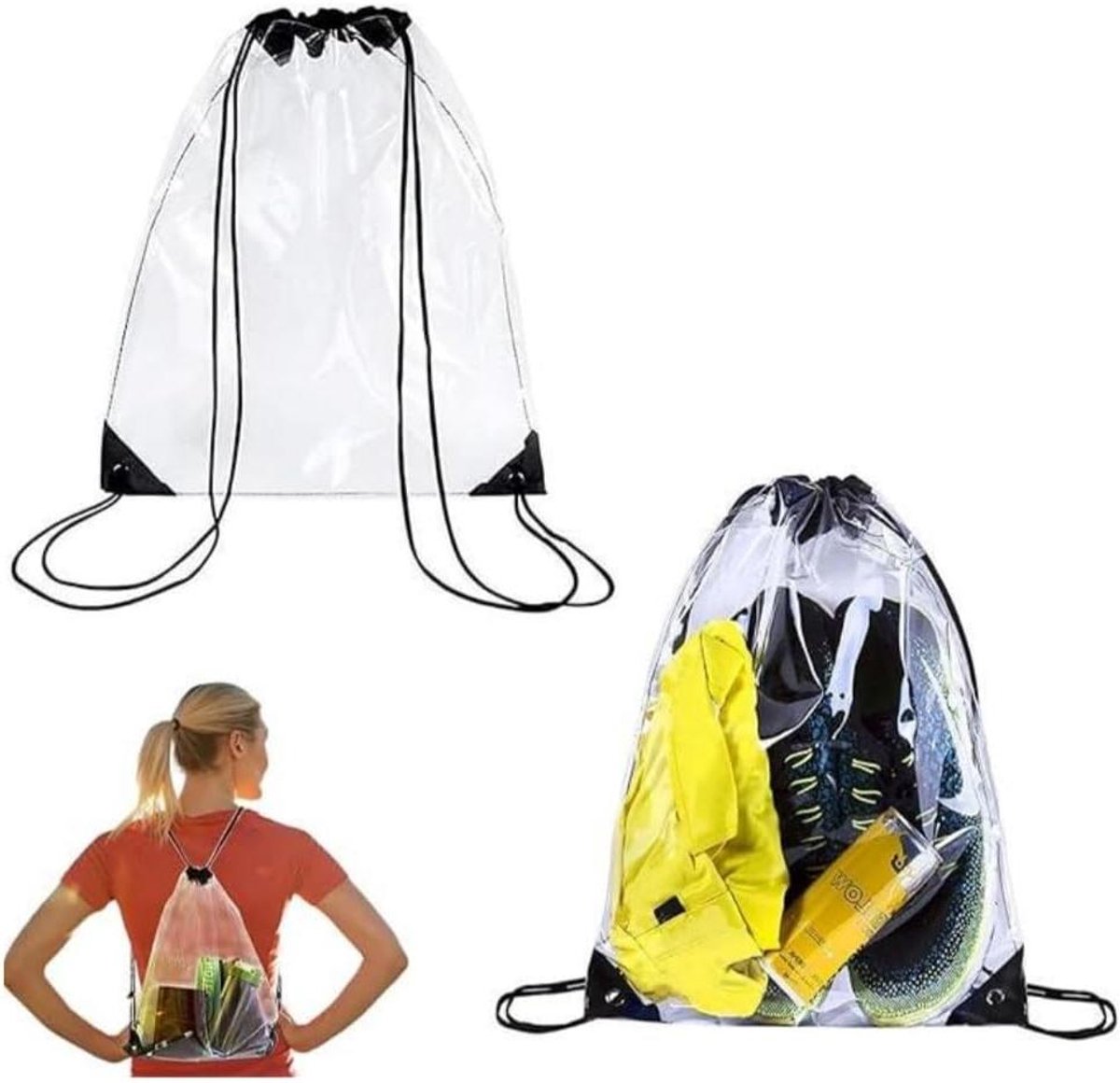 ByShane - Transparante Tassen Met Trekkoord Voor School En Festival 2 Stuks - Sportrugzak Doorzichtig - Strandzwemmen En Reizen - Afmeting 34 x 45 cm