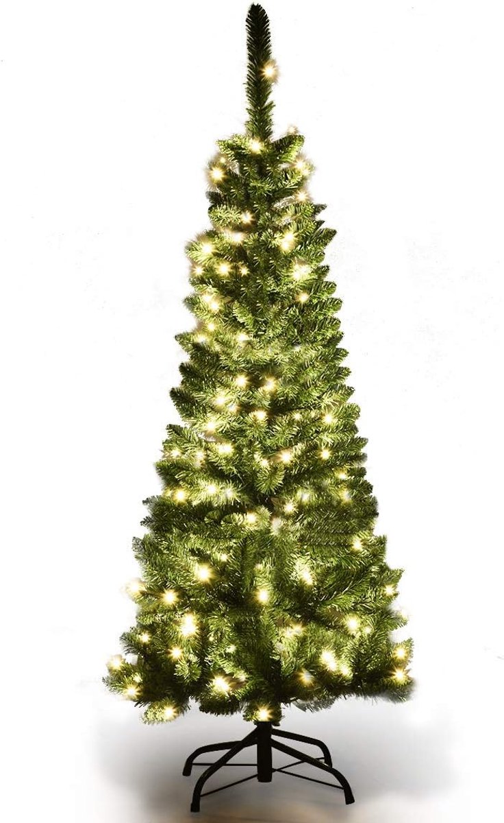 COSTWAY Kunstkerstboom van 135, 200 of 225 cm hoog, dennenboom, met warmwitte kerstverlichting, ledlampjes, inklapbaar, met metalen standaard, pvc-naalden, Kerstmis, groen (135 cm)