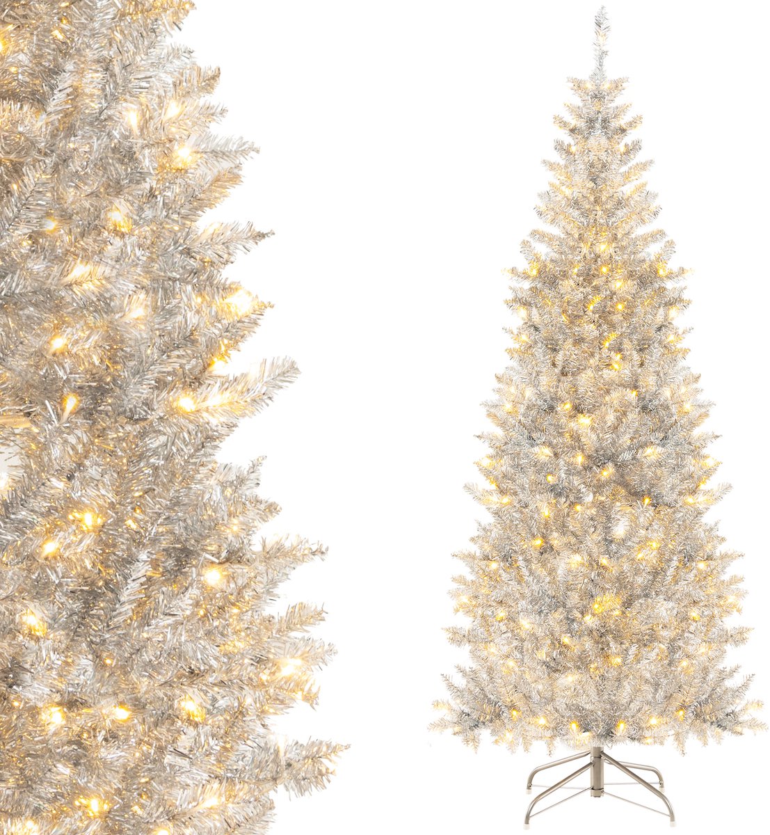 COSTWAY 180 cm Hoge Voorverlichte Kunstkerstboom van Klatergoud Slanke Kerstboom met 790 Takpunten 300 Warmwitte LED-Verlichting